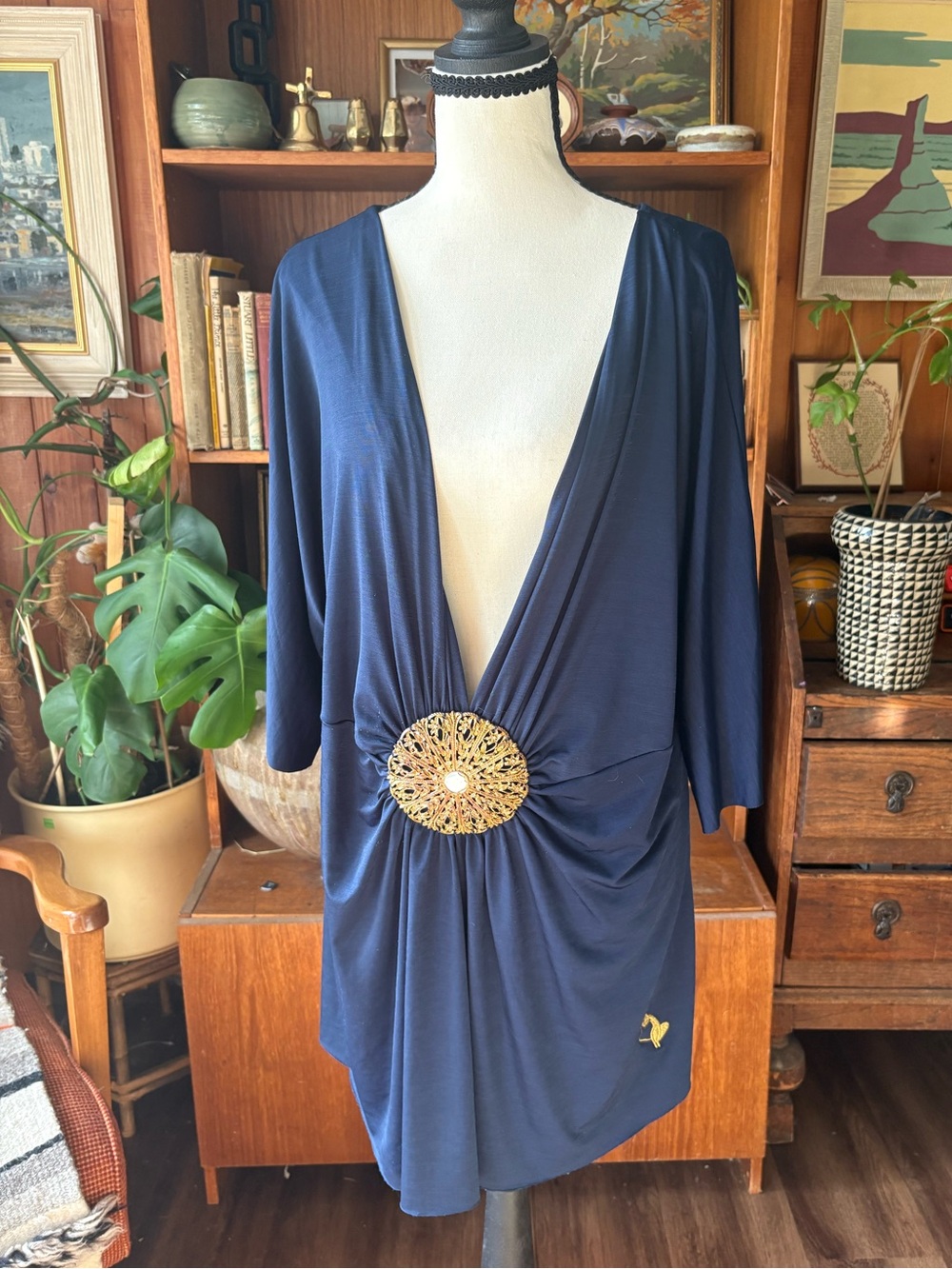 Y2K McBling VTG Baby Phat Plunging Navy Tunic Top Gold Filigree Brooch 1X
